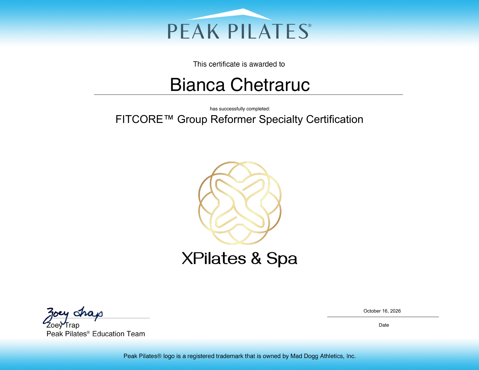 Bianca Chetraruc — FITCORE Group Reformer Specialty Certification, October 16, 2026