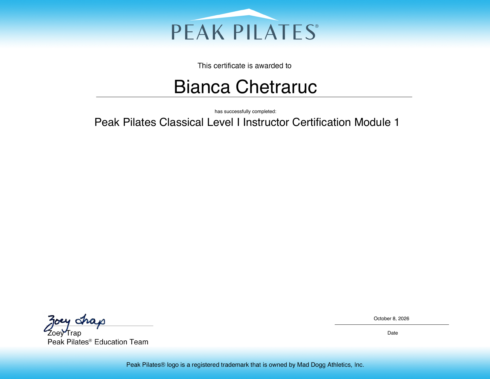 Certificat de absolvire pentru Bianca Chetraruc, Peak Pilates Classical Level I Instructor Certification, modulul 1